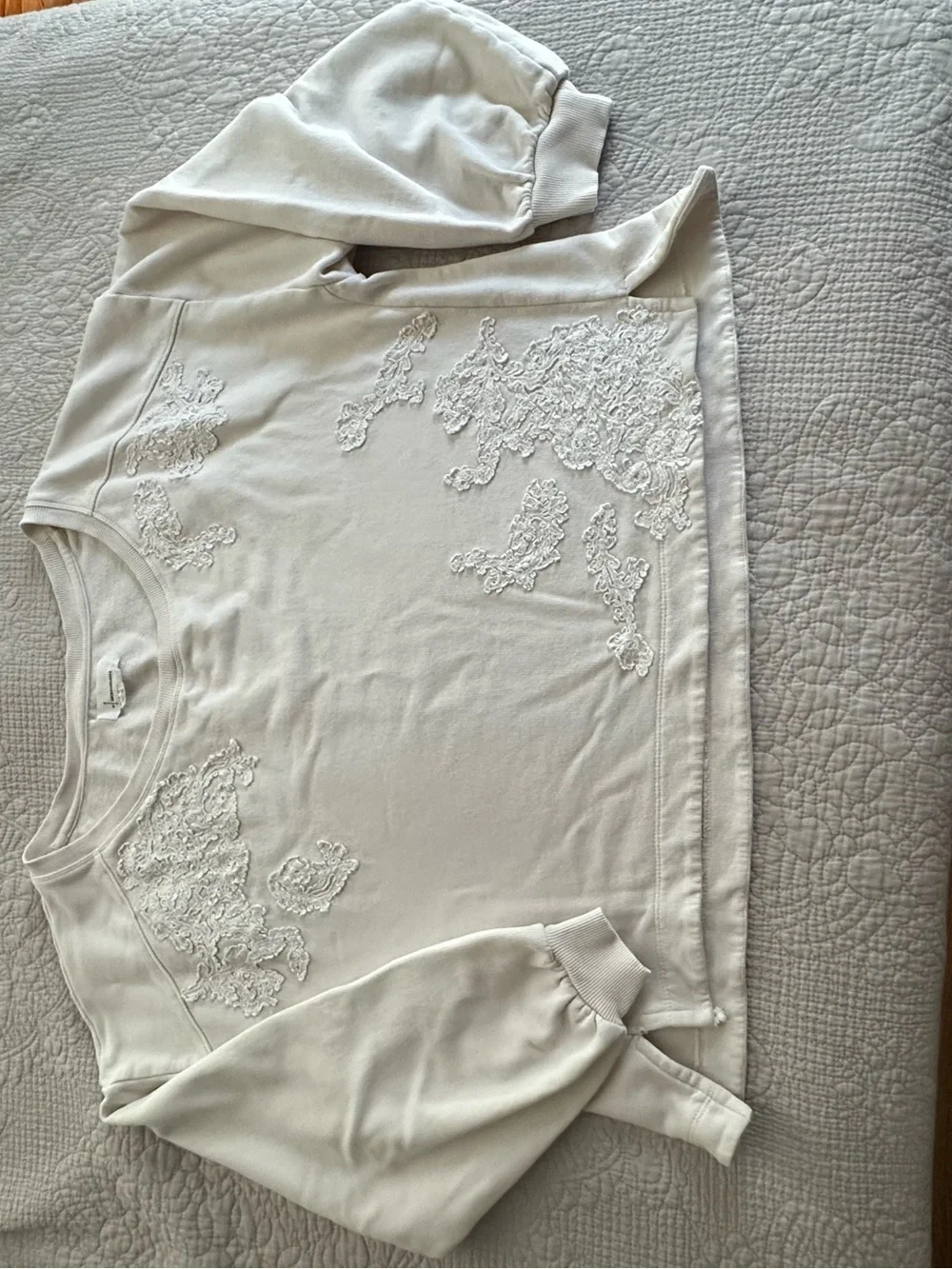 Anthropologie Cream Lace Appliqué Scoop-Neck Sweatshirt